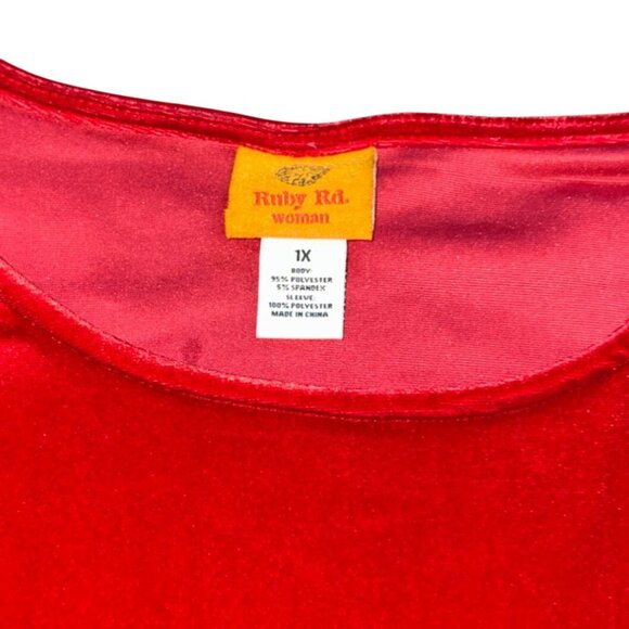 Ruby Rd. Scoop Neck Velvet Sweatshirt W/ Animal Print Sleeves-Red-1X-GUC - Picture 3 of 6